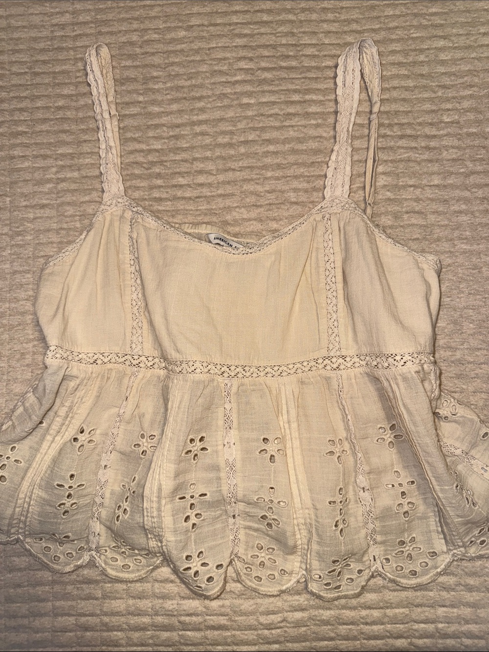 American Eagle Outfitters Cream Eyelet Lace-Trim Peplum Camisole